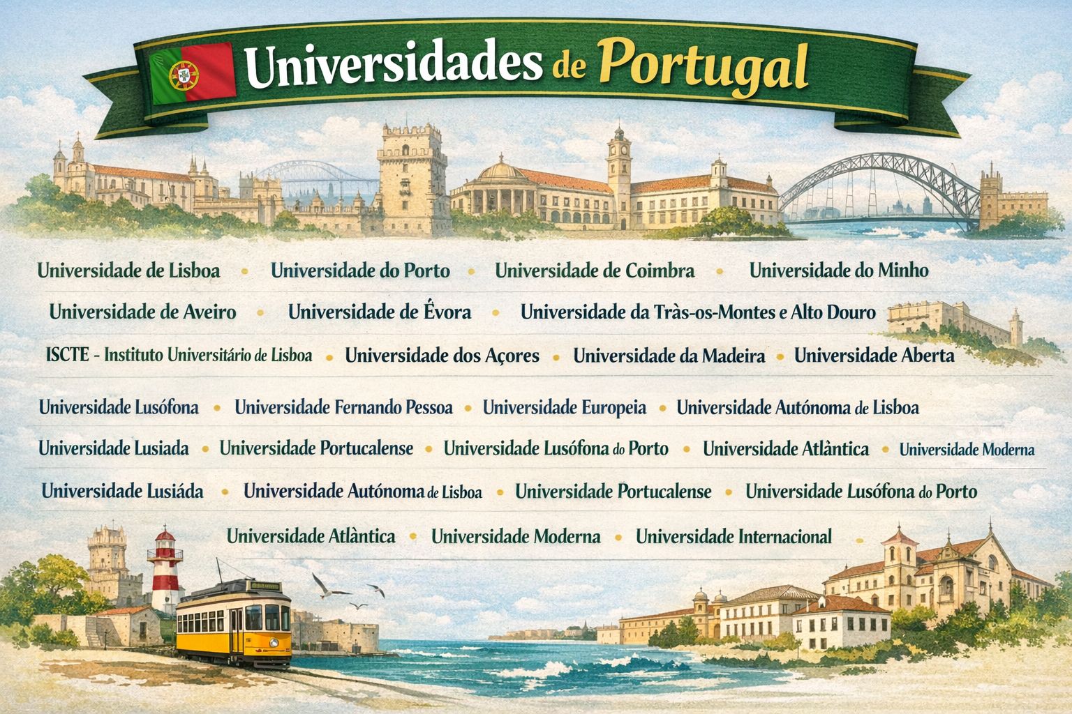 Illustration of Portuguese universities, including universities in Lisbon, Porto, Coimbra, and Minho
